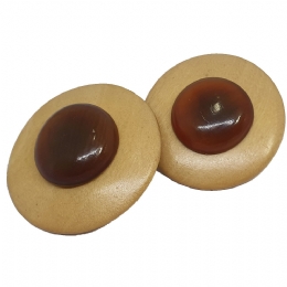 Large circle wooden clip earrings with caramel centerpiece 