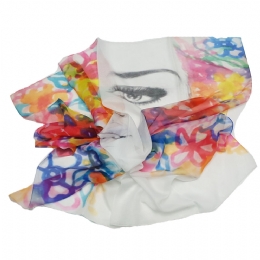White Italian chiffon square scarf Faces with colorful flowers