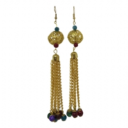 Golden earrings with long chains and multicoloured beads
