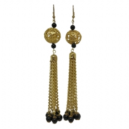 Golden earrings with long chains and black beads