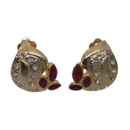 Small golden clip earrings with red beads and white strass