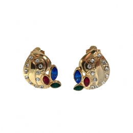 Small golden clip earrings with multicoloured beads and white strass