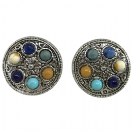 Retro curved clip earrings with blue and beige beads 