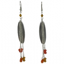 Long chain earrings with silver oval charm and rust beads