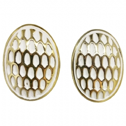 Golden and white lizard print oval clip earrings