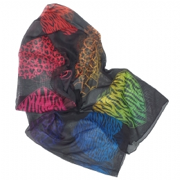 Μαύρο φαρδύ Ιταλικό φουλάρι με χρωματιστές animal print καρδιές