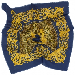 Blue Italian matte square scarf with mustard animal print