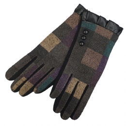 Elastic gloves with petrol, purple and brown checkered design and flabby cuffs