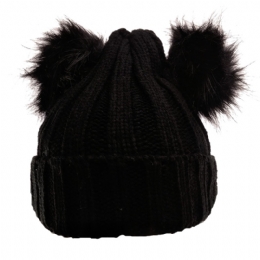 Plain colour black knitted beanie with two pon-pon