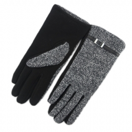 Tweed grey black elastic women gloves with belt 