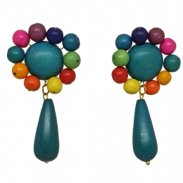 Petrol wooden clip Rainbow earrings