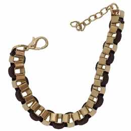 Χρυσό βραχιόλι αλυσίδα με πλεγμένο καφέ δερματάκι