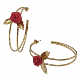 Double golden hoop earrings with little fabric red rose