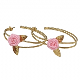 Double gold hoop earrings with little fabric pink rose