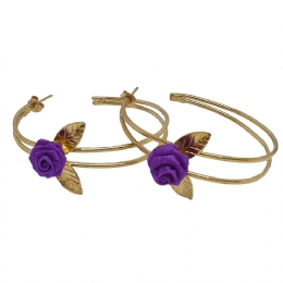 Double gold hoop earrings with little fabric purple rose
