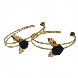 Double gold hoop earrings with little fabric black rose