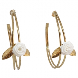 Double gold hoop earrings with little fabric white rose