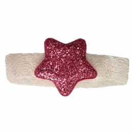 Ροζ δαντελένια κορδέλα μαλλιών με φουξ αστέρι από γκλίτερ