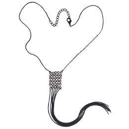 Μαύρη αλυσίδα λαιμού με κρόσσια και τετράγωνο charm με λευκά strass