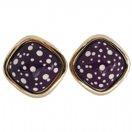 Large blue rhombus polka dot clip earrings with gold base