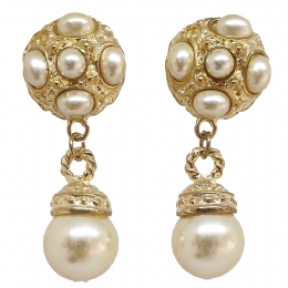 Golden carved Bubble pearl clip earrings with white pearls