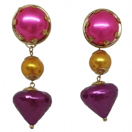 Long vintage clip earrings with fuxia, purple and gold pearls