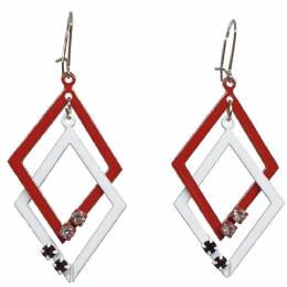 Red and white double rhombus earrigns with strass