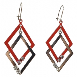 Red and silver double rhombus earrigns with strass
