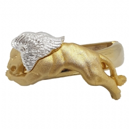 Χρυσό γυαλιστερό βραχιόλι χειροπέδα με ασημί και χρυσό ματ λιοντάρι