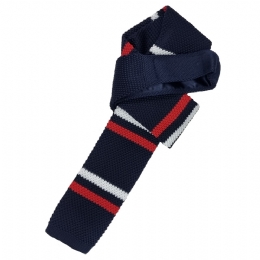 Dark blue very narrow knitted tie with white and red stripes