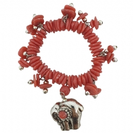 Ελαστικό βραχιόλι με κοραλί lucite πέτρες και ασημένιο charm με ελέφαντα