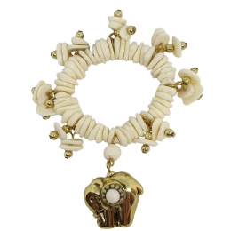 Ελαστικό βραχιόλι με εκρού lucite πέτρες και χρυσό charm με ελέφαντα