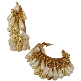 Gold hoop earrings with gold and white opalescent oval pearls