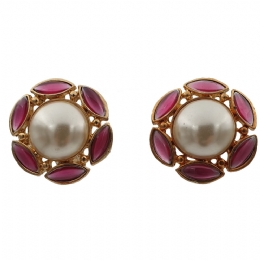 Χρυσά σκουλαρίκια κλιπ με ροζ πέτρες και λευκή πέρλα Flower