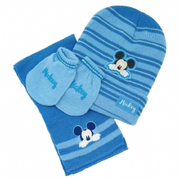 Γαλάζιο ριγέ παιδικό bebe Mickey σετ κασκόλ, σκούφος και χουφτίτσες