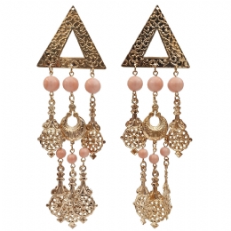 Long gold forged earrings with salmon beads and gold charms