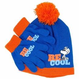 Παιδικό σετ Snoopy από μπλε ρουαγιάλ και έντονο πορτοκαλί σκούφο και γάντια Be Cool