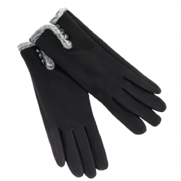 Black elastic women gloves with grey fluffy cuffs with buttons and fleece lining