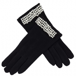 Black elastic women gloves with pearls and fluffy lining