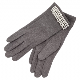 Γκρι ελαστικά υφασμάτινα γάντια με πέρλες και λούτρινη επένδυση
