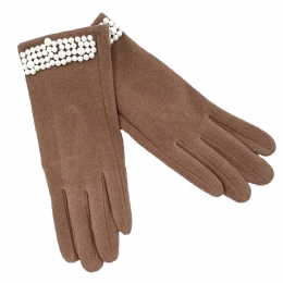Mocca elastic women gloves with pearls and fluffy lining