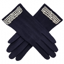 Navy blue elastic women gloves with pearls and fluffy lining
