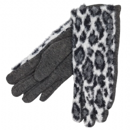 Grey elastic women gloves with fluffy animal print and fleece lining