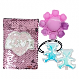 Gift box με ροζ σημειωματάριο Love, λαστιχάκι και κλιπ μαλλιών teddy bear και ροζ pop it