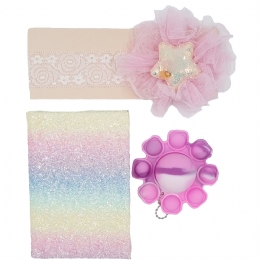 Gift box με σημειωματάριο sparkling rainbow, ροζ κορδέλα μαλλιών από τούλι και αστέρι και ροζ pop it