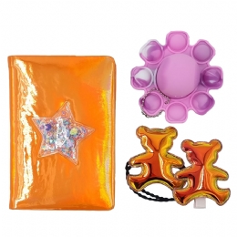 Gift box με πορτοκαλί σημειωματάριο Star, λαστιχάκι και κλιπ μαλλιών teddy bear και ροζ pop it