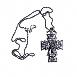 Μεγάλος antique ασημί σκαλιστός σταυρός με λευκές πέτρες και μακριά αλυσίδα