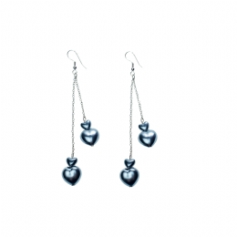Long silver earrings with silver hanging hearts