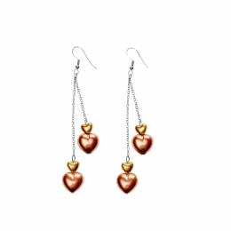 Long silver earrings with bronze hanging hearts