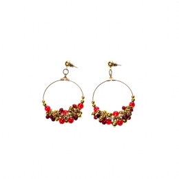 Golden hanging hoop earrings with gold and burgundy beads
